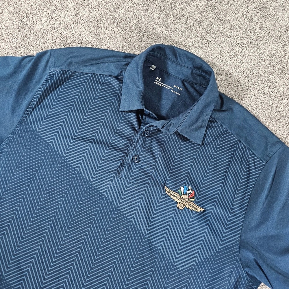 Under Armour Mens Large Indianapolis Motor Speedway Polo Shirt Navy Chevron golf